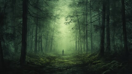 Obraz premium A solitary figure walks into the dark and misty forest