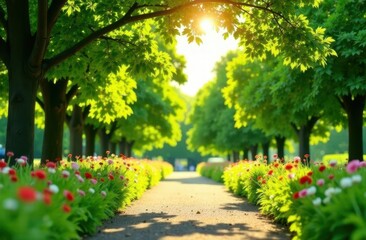 Obraz premium Pathway through blooming flowers and vibrant green trees at sunset