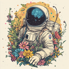 Surreal Astronaut Surrounded by Vibrant Flowers. Hand-Drawn Astronaut in a Fantasy Floral World. Futuristic Sci-Fi Art – Astronaut Among Flowers
