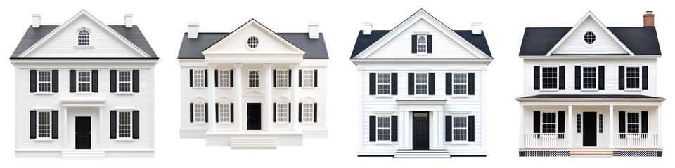 Four colonial houses with white exteriors and black roofs isolated on white