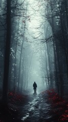 A solitary person walks on a path through a foggy forest