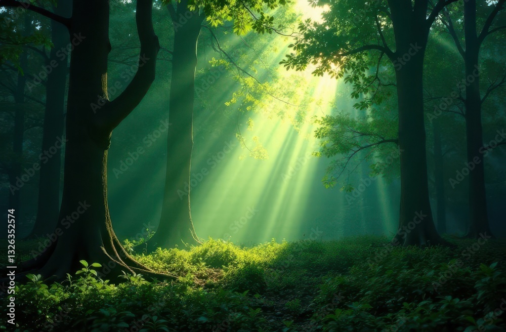 Poster sunlight beams filtering through a dense forest in the early morning