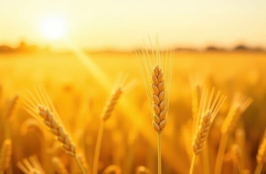 Sunlight glimmers on golden wheat field at dusk in late summer