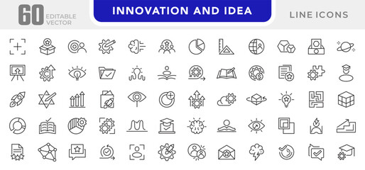 Innovation and Idea line icon set. Containing problem-solving, light bulb, idea, strategy, creativity, innovation, solution, investment, pitch, teamwork line icon set. UI thin line icon pack.