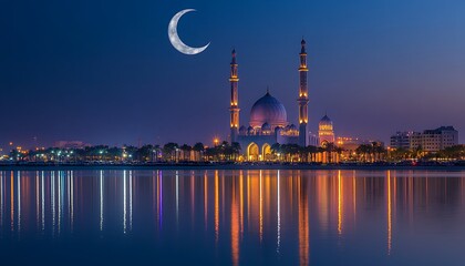 Naklejka premium Illuminated Mosque with Domes and Minarets Reflecting in Water at Night