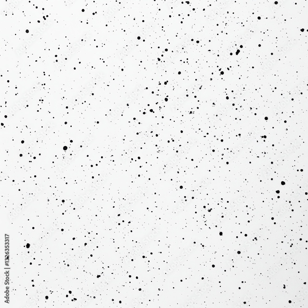 Poster Monochrome Abstract: Scattered Black Ink Splatters on White Background, Creating a Dynamic and Textured Pattern.