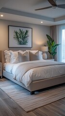 A spacious bedroom features a large bed adorned with soft, neutral bedding and decorative pillows. A lively plant adds a touch of nature, enhancing the serene ambiance
