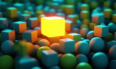 Obraz premium Glowing cube stands out among 3D shapes, abstract background, ideal for innovation concepts