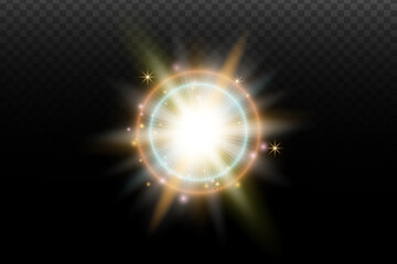 Light flash effect with flares and glow on a transparent background. Magical glow, shining light, star, optical flares for design, photomontage, New Year, and festive projects.