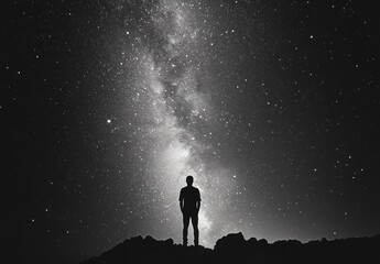 Solitary figure silhouetted against a breathtaking Milky Way galaxy.