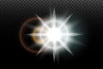 Light flash effect with flares and glow on a transparent background. Magical glow, shining light, star, optical flares for design, photomontage, New Year, and festive projects.