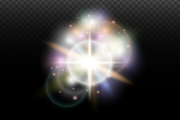 Light flash effect with flares and glow on a transparent background. Magical glow, shining light, star, optical flares for design, photomontage, New Year, and festive projects.