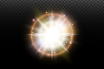 Light flash effect with flares and glow on a transparent background. Magical glow, shining light, star, optical flares for design, photomontage, New Year, and festive projects.
