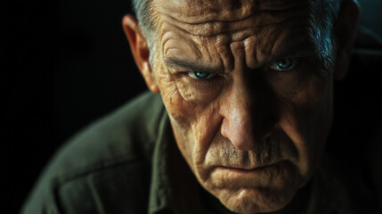 Obraz premium Middle-aged man with a solemn expression, deep thought visible in his eyes, cinematic lighting, ultra-detailed face
