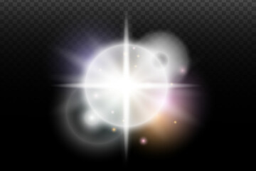 Light flash effect with flares and glow on a transparent background. Magical glow, shining light, star, optical flares for design, photomontage, New Year, and festive projects.