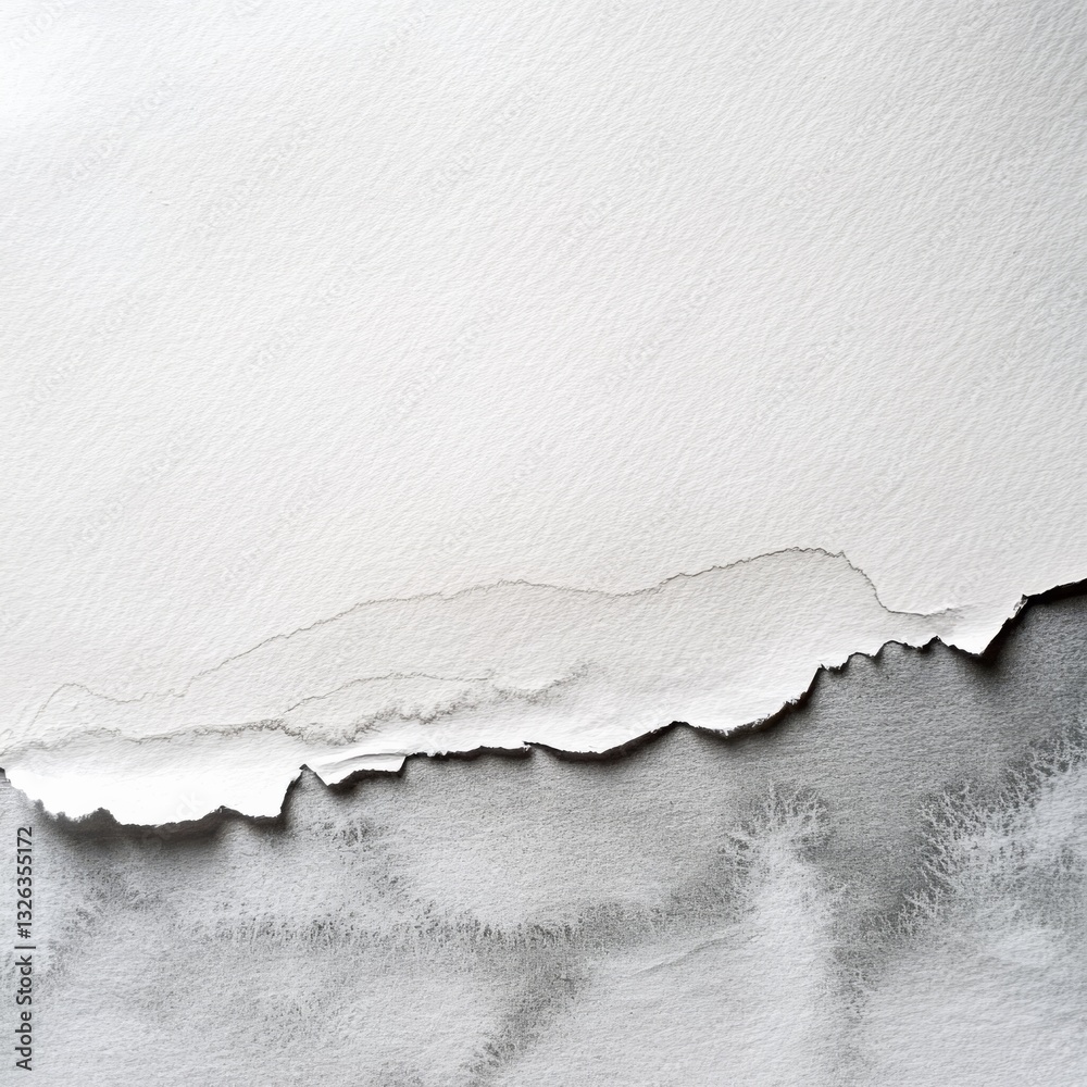 Poster Torn Paper Texture: Abstract Minimalist Background with Gray Watercolor Splashes on White Paper Surface