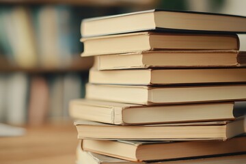 Stacked Books on Desk with Warm Lighting and Soft Shadows for Studying and Literature