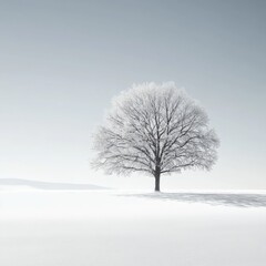 Winter Solitude: A lone, frosted tree stands sentinel over a snow-covered landscape, radiating a quiet, ethereal beauty.