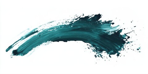 Abstract, textured, dynamic dark turquoise line with splash effect on white canvas