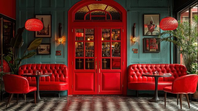 Red booths and red door in a teal-walled bar.