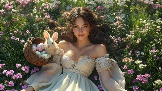 Enchanting Spring Portrait of a Beautiful Woman with Green Eyes, a White Bunny, and Easter Eggs in a Blooming Meadow &ndash; Fantasy Art and Nature Aesthetic
