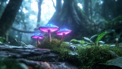 Glowing mushrooms on a log in a misty forest