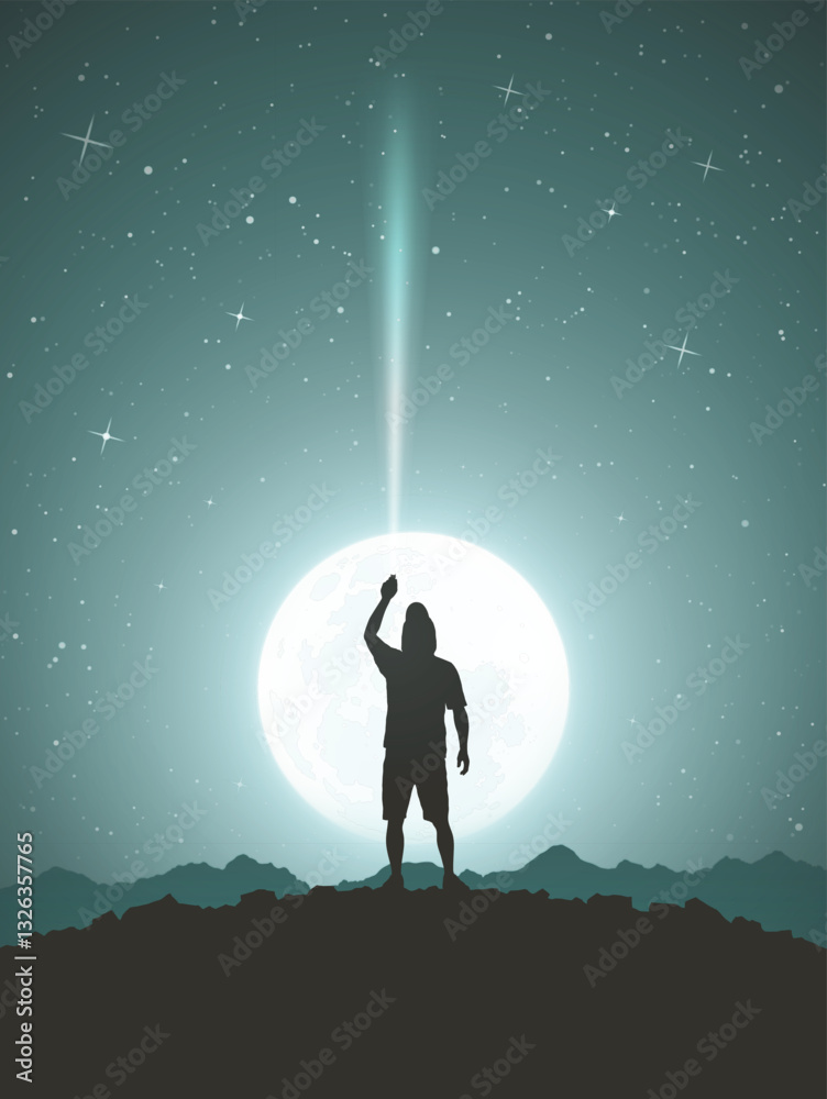 Poster man with flashlight on rock. hiking at moonlight night. full moon