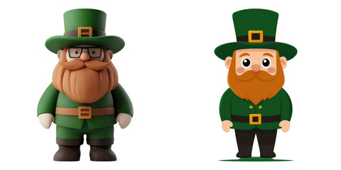 Two leprechaun characters with beards and green outfits stand isolated on transparency background