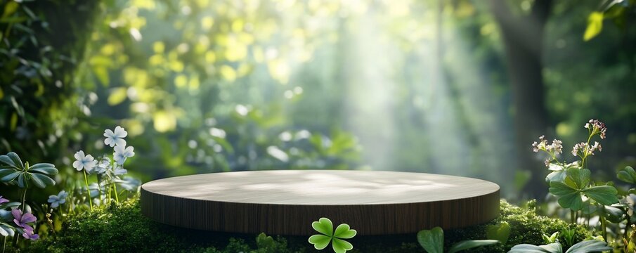 Empty wooden podium in a sunny forest clearing for product placement