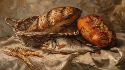 loaves of bread and fish in rustic basket