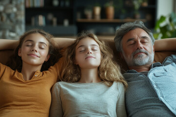 Obraz premium family resting comfortably on a sofa with their eyes closed, embracing peace and relaxation.