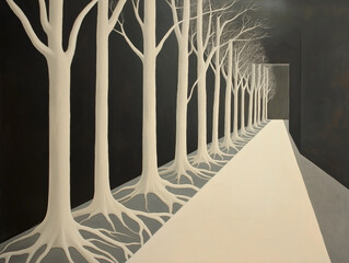 Artistic depiction of white trees with roots abstract environment digital art contemporary aesthetic minimalist perspective