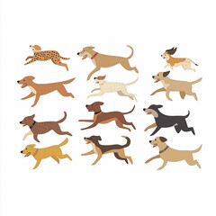 Obraz premium Running dogs in various breeds and colors on white background, showcasing their playful energy and movement