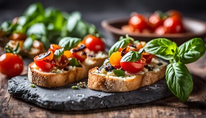 Bruschetta with cherry tomato and basil on rustic stone board