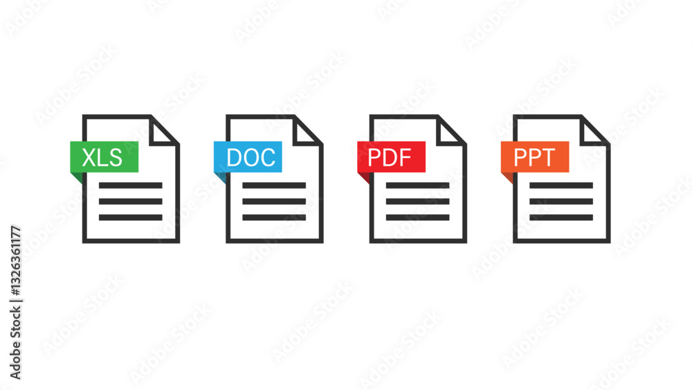 Fototapete file format extensions. doc, xls, ppt, pdf file format document icons.
