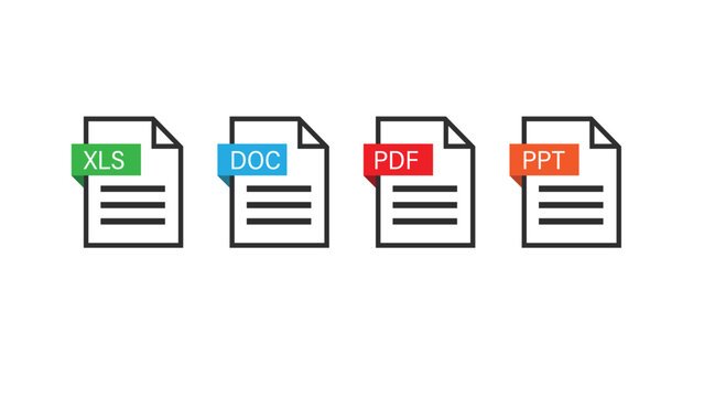 File format extensions. doc, xls, ppt, pdf file format document icons.	
