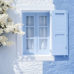 A vibrant blue window with white shutters opens to a beautiful coastal view. Surrounding the window are lovely flowers that enhance the serene atmosphere in bright daylight