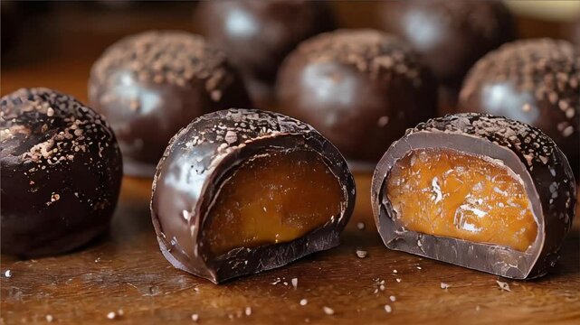 Chocolate candies with caramel close-up. Delicious sweets, confectionery concept