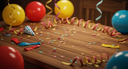 rustic party table with balloons and confetti on top of it