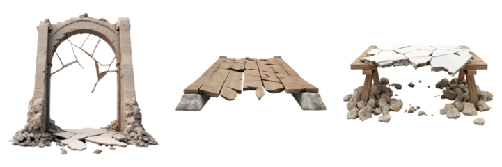 Broken bridge elements on transparency background, showing damage and decay