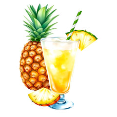 PNG watercolor Pineapple drink cocktail fruit isolated on a white background.

