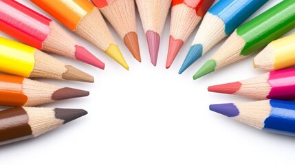Vibrant colored pencils arranged in a circular pattern, forming a symmetrical and artistic composition. A top-down view showcasing multicolor drawing tools with sharp tips.