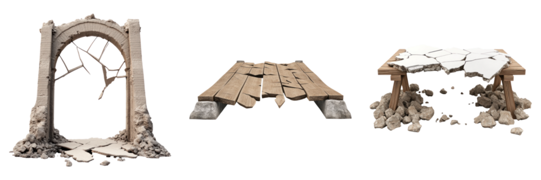 Broken bridge elements on transparency background, showing damage and decay