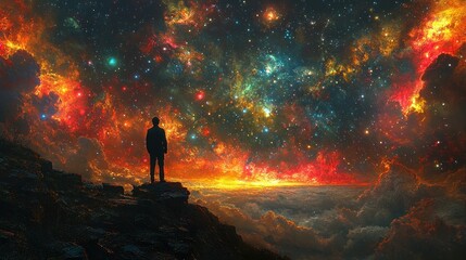 Fototapeta premium Man silhouetted against vibrant nebula and starry night sky.