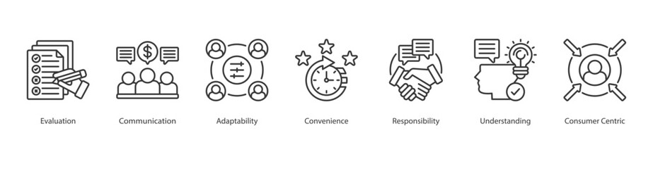 Customer Feedback icon sheet style line consumer centric, evaluation, communication, adaptability, convenienceresponsibility, understanding, consumer