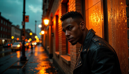 portrait of a young African man in a moody street photography 