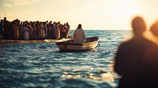 Jesus Christ Preaching from a Boat on the Lake &ndash; Biblical Scene with Followers on the Shore