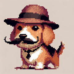 Cute pixel art dog with a mustache, fedora, and tie adds retro charm