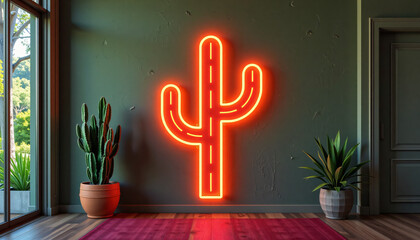 Neon Cactus Sign on Dark Wall for Bars and Nightlife Themes