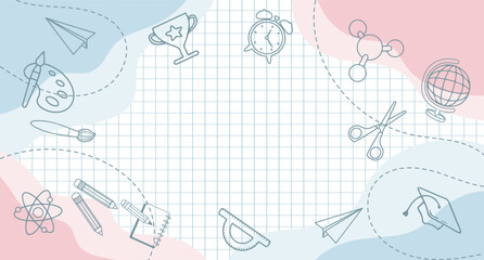 Background with school supplies and education icons hand drawn doodle elements. Illustration, back to school banner